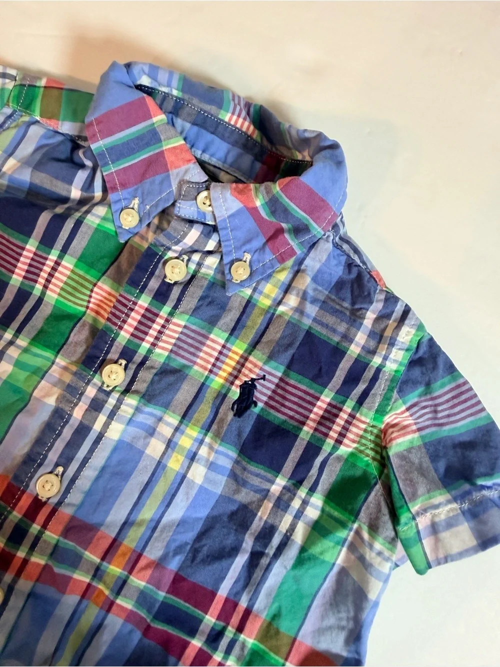 Ralph Lauren Baby Boys Plaid Button Down Shirt Size 9M Blue Green Spring Cotton
